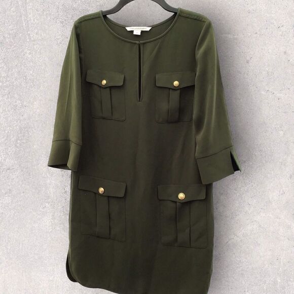 Diane Von Furstenberg DVF Agness Crepe Mini Dress Olive Gold Buttons Size 0 - Picture 1 of 6